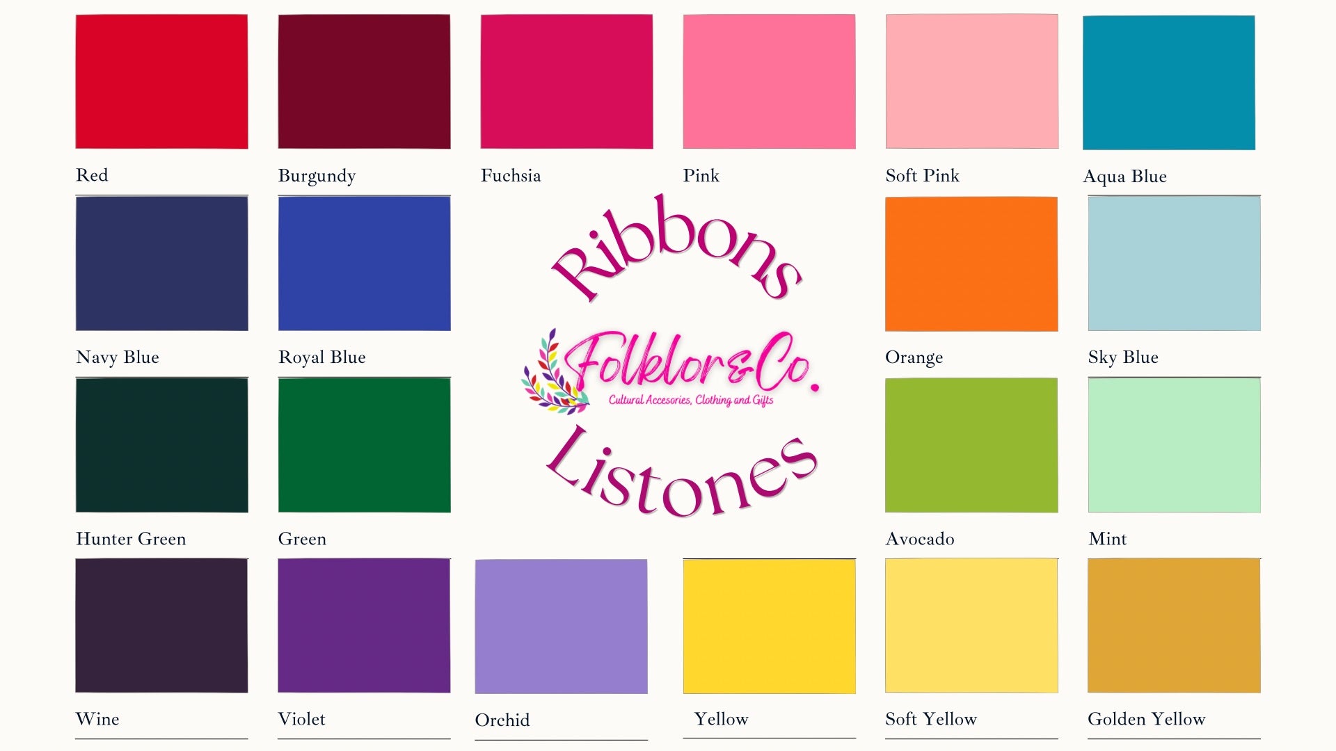 Color swatches with 'Ribbons Folklorico' Listones logo in the center