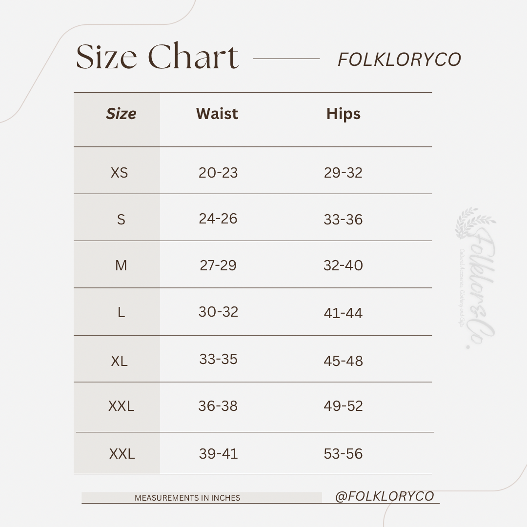 Size chart for clothing by Folklorico with measurements in inches.