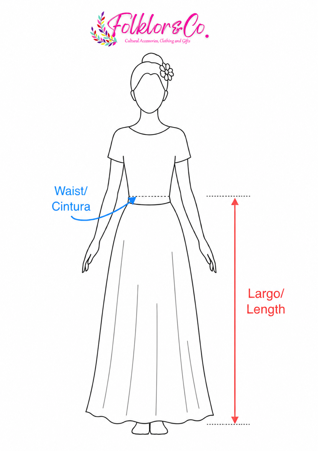 Diagram of a dress with measurements labeled, featuring the brand 'Folkloryco’